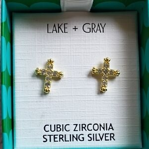 Gold Tone Sterling Silver Cross Earrings with Cubic Zirconia Nib Nwt Lake + Gray